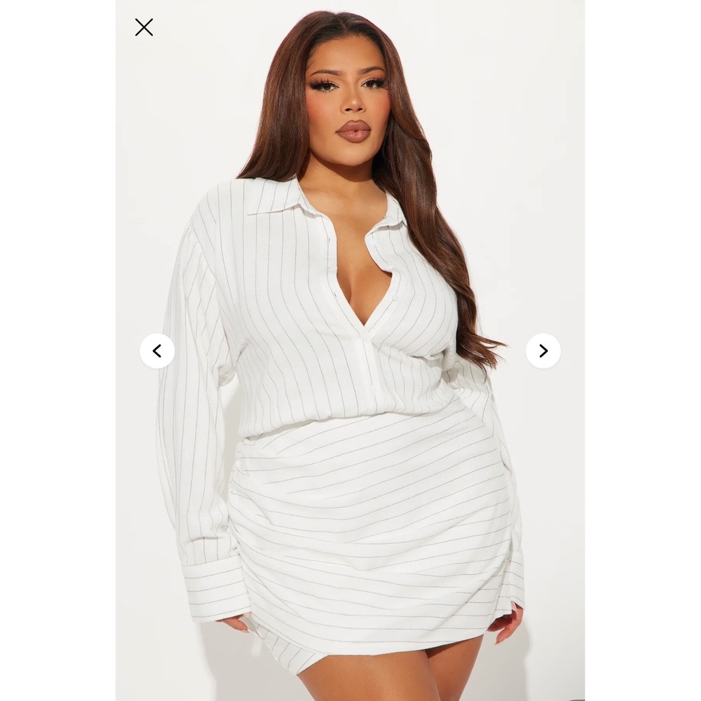 Fashion Nova Contemporary Call My Line Pinstripe Mini Shirt Dress White 2X New